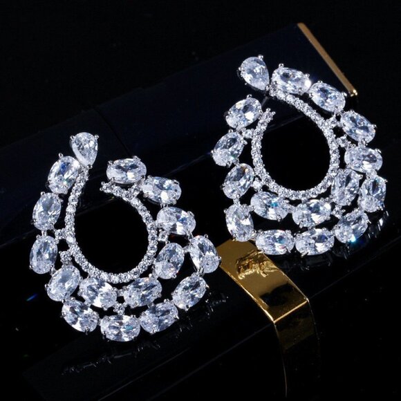 🍁925 Silver Plated Big Oval Cut CZ Stone Earrings for Women, MLNN1076 - Picture 1 of 4